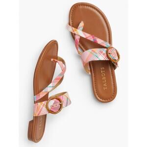 Talbots Womens 7 Pink Plaid Leather Fabric Gia Buckle Slip-On Sandals Madras NEW